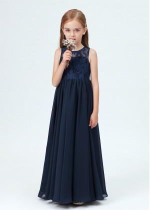 Navy Blue Lace Chiffon Simple Junior Bridesmaid Dress
